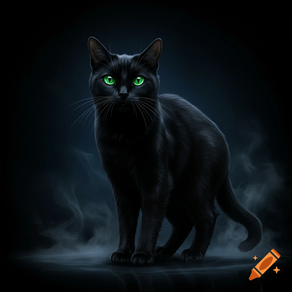 A sleek black cat with glowing green eyes stands on a misty, dark background in a stylized rendering.
