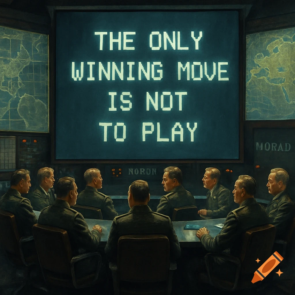 Military officers sit at a table in a dimly lit control room, facing a large screen displaying 'THE ONLY WINNING MOVE IS NOT TO PLAY' in pixelated font.