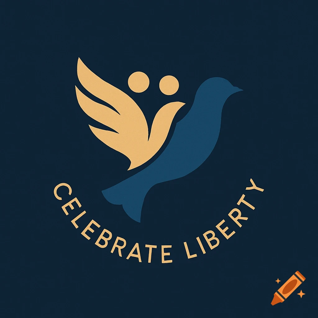 A minimalist logo with a blue bird and gold wings forming abstract human figures. Gold text 'CELEBRATE LIBERTY' arcs below on a dark blue background.