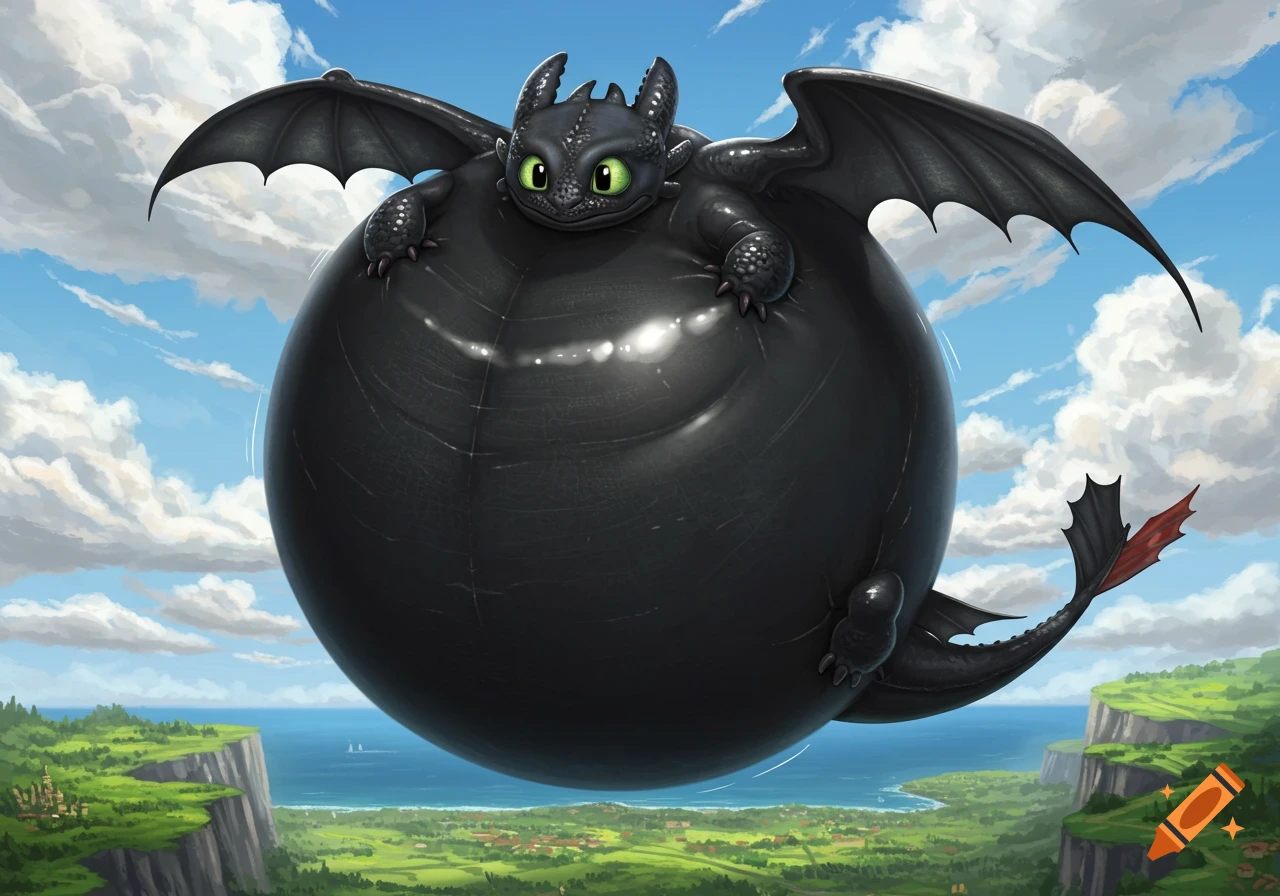 Massively inflated black dragon Toothless flies above a green landscape with cliffs and sea, cartoon style.