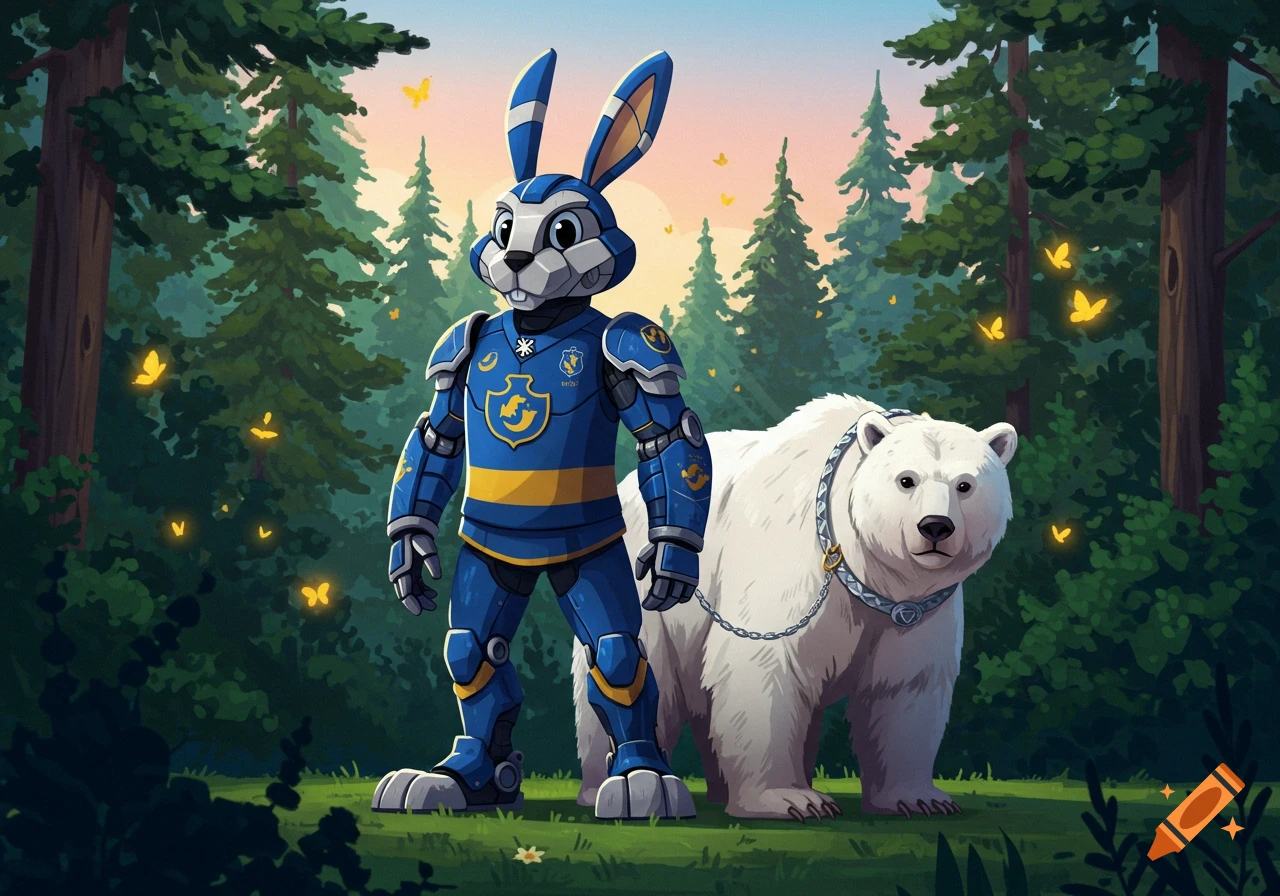 Cartoon illustration of a blue robot rabbit mascot in armor leading a polar bear on a leash through an enchanted forest with glowing butterflies.