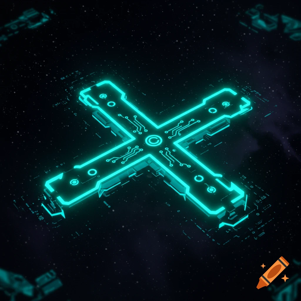 A neon blue glowing futuristic X-shaped crosshair with circuit board patterns on a dark, starry background.