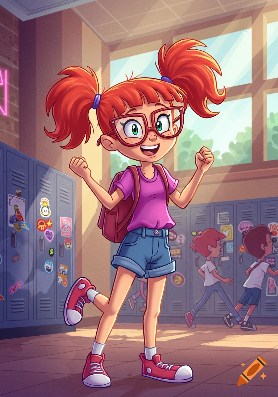 A happy red-haired cartoon girl with glasses, pigtails, t-shirt, shorts, and backpack stands in a school hallway, fists raised.