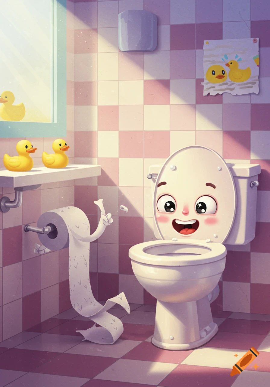 Cartoon of a cheerful toilet and an anthropomorphic toilet paper roll with arms in a pink tiled bathroom with rubber ducks.