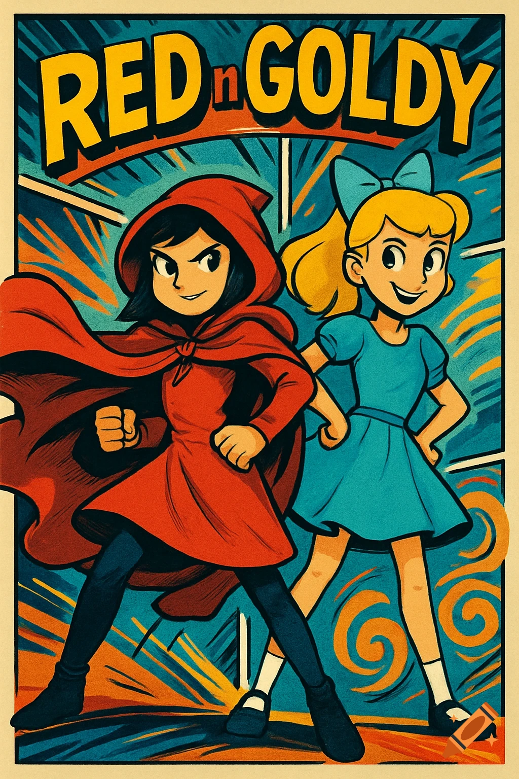 Cartoon poster of a girl in a red cloak and a girl with yellow hair and a blue dress, titled 'RED n GOLDY'.