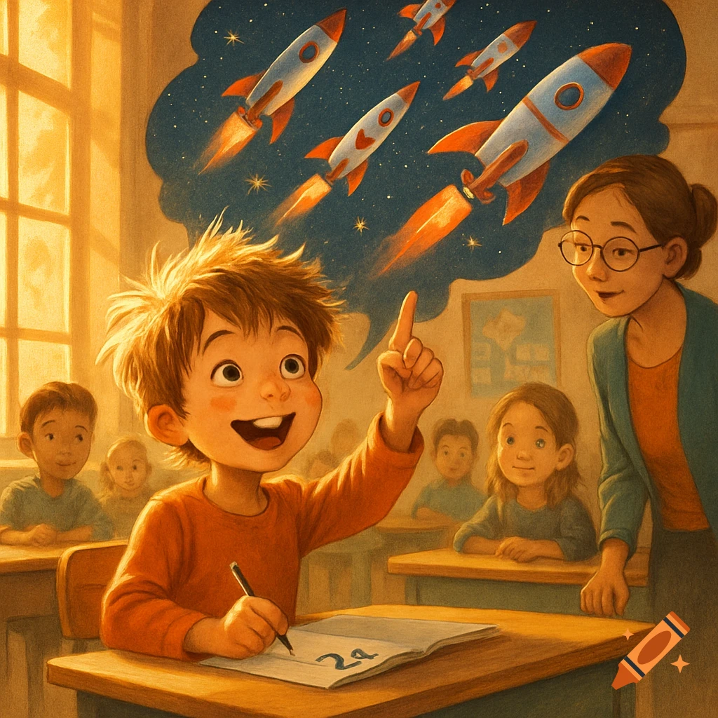 A smiling boy with spiky hair raises his hand in a classroom, with a thought bubble of rockets in space. He has '24' written on his paper, and a teacher watches him.