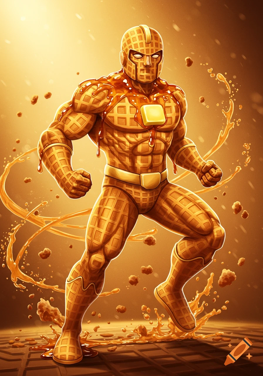 A muscular superhero made of golden waffles, covered in syrup and a pat of butter on his chest, in a dynamic pose with syrup splashing around.