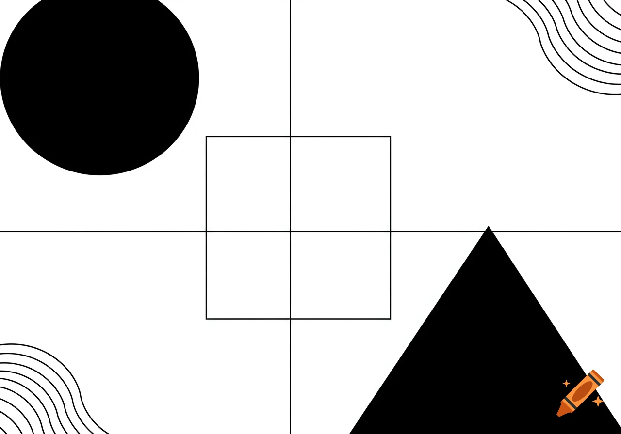 A black and white abstract geometric design featuring a circle, square, triangle, straight lines, and wavy lines.