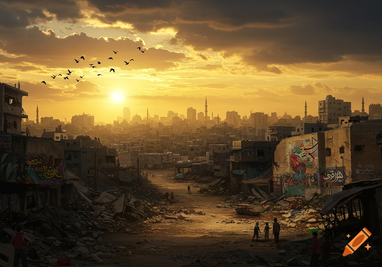 A desolate, war-torn cityscape under a dramatic golden sunset. Ruined buildings line a dusty street, with figures walking through rubble. Birds fly in the sky, and minarets dot the horizon.