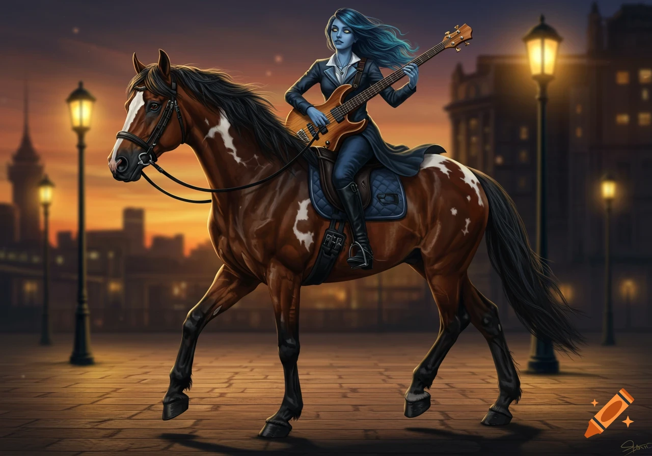 A blue-skinned woman with blue hair rides a brown and white horse through a city street at dusk, playing a bass guitar, digital art.