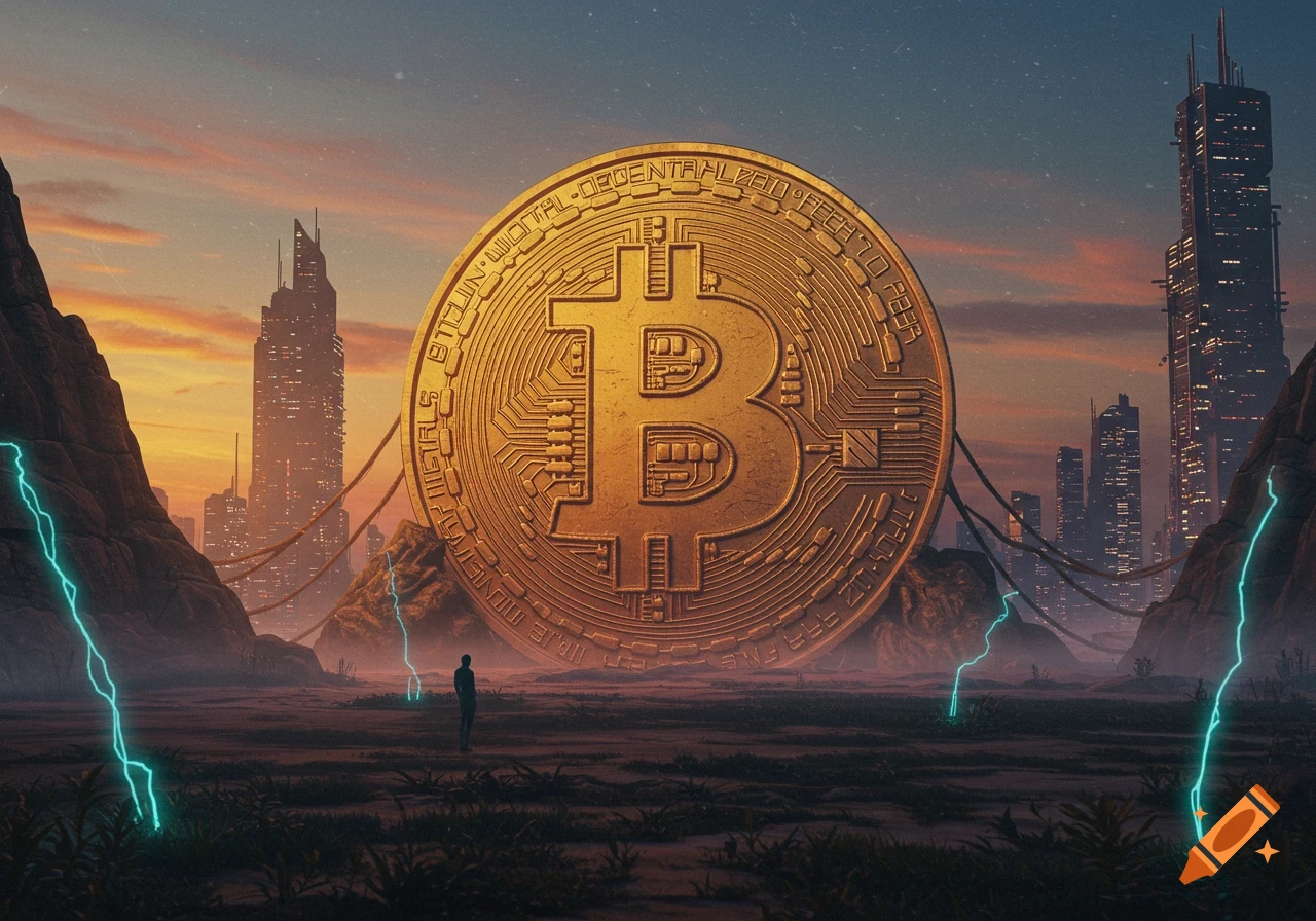Giant golden Bitcoin coin in a futuristic landscape with a solitary figure and neon lightning under an orange-blue sky.