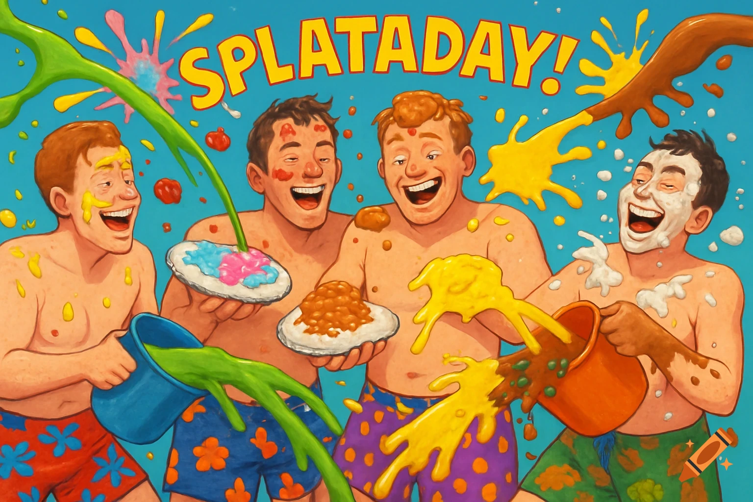 Four grinning shirtless men in colorful swim trunks, covered in slime and food, having a messy fun time. Cartoon style. Title 'SPLATADAY!' at top.