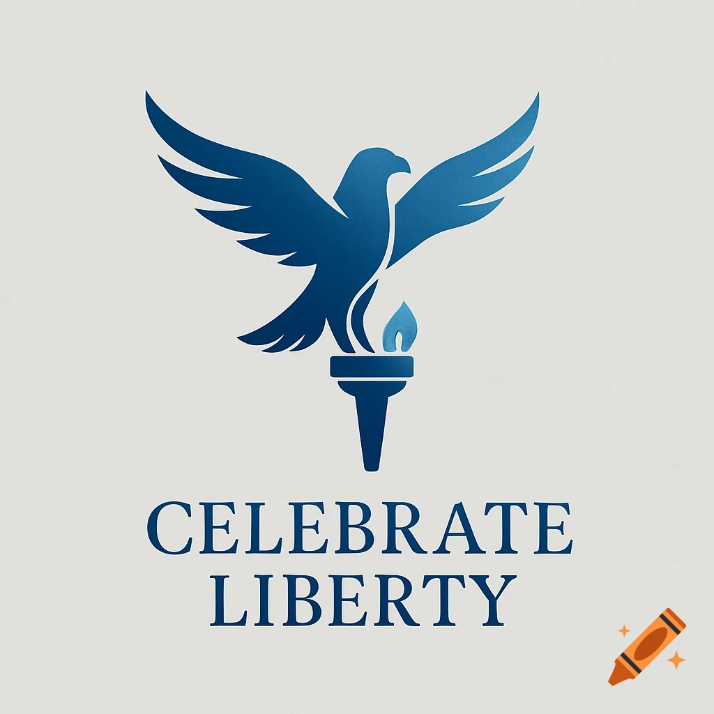 A blue stylized eagle with outstretched wings perched on a torch, above the text "CELEBRATE LIBERTY".