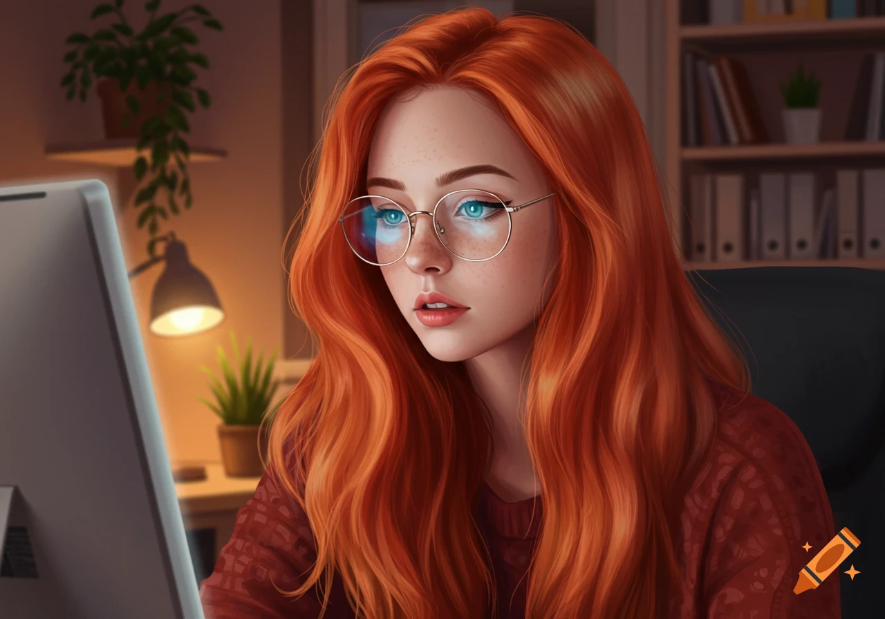 Digital art of a red-haired woman with glasses looking intently at a computer screen in an office setting.