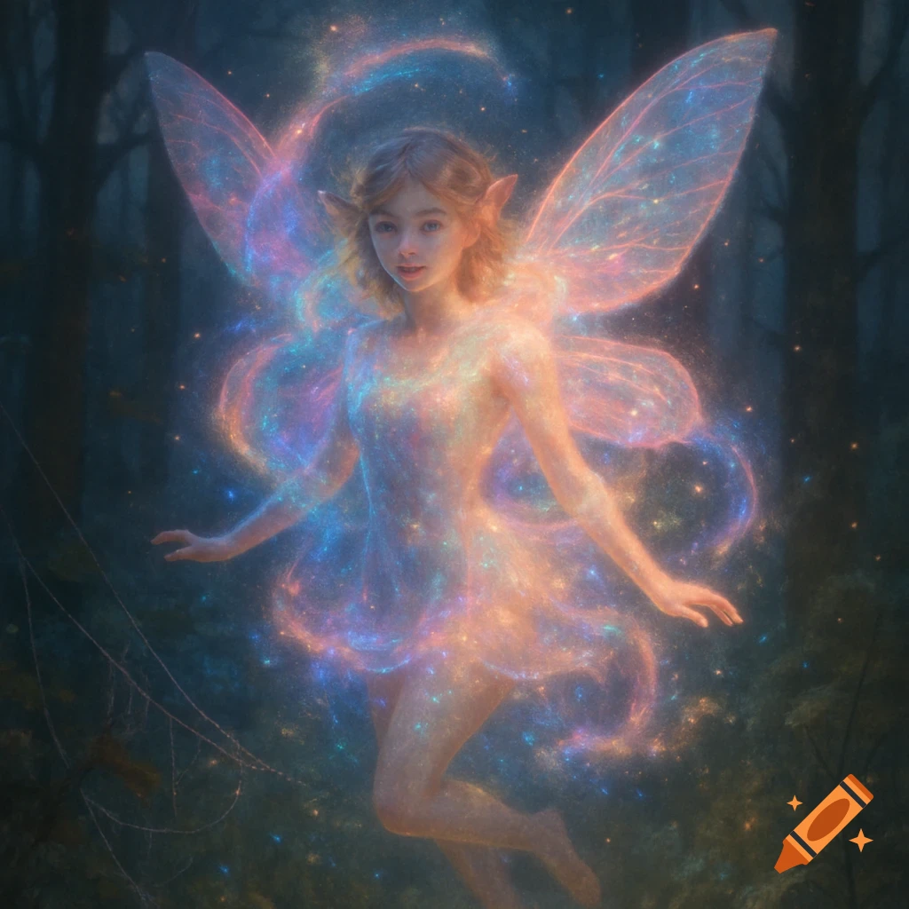 A radiant fairy with luminous wings and a shimmering body made of sparkling pink and blue light floats in a dark forest.