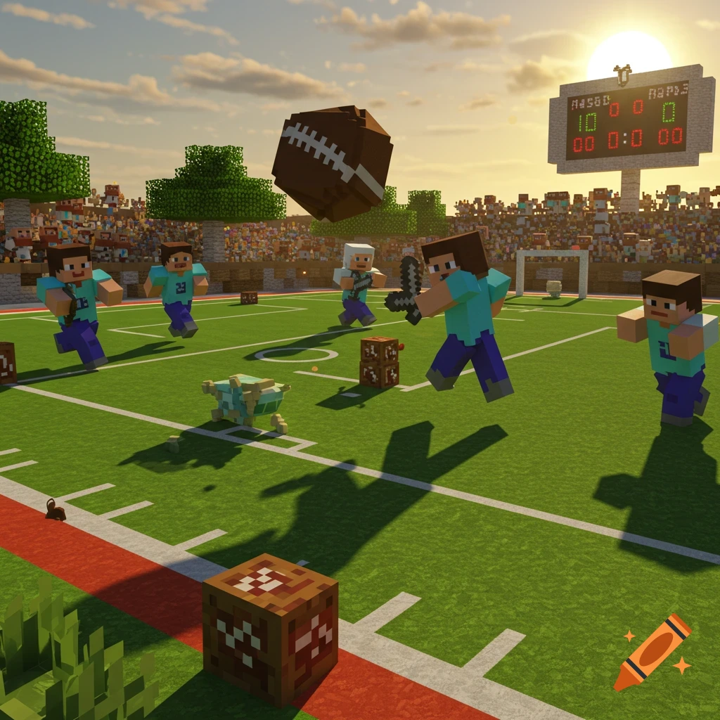 Minecraft characters play football in a stadium at sunset. One character holds a sword, a football floats in the air, and a scoreboard shows garbled text.