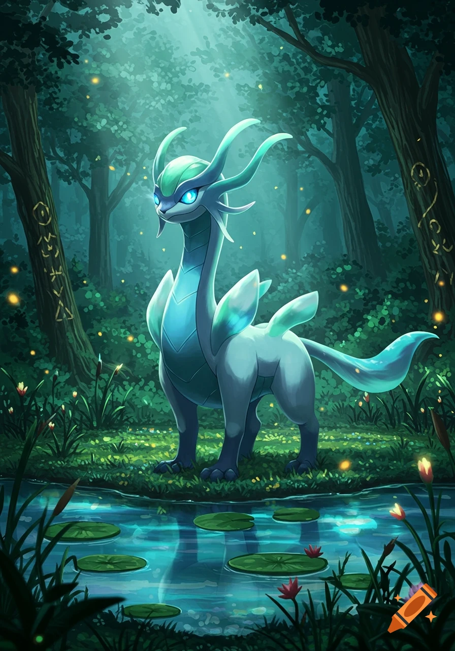 A graceful, light blue dragon-like creature with glowing eyes stands in a mystical forest by a pond with lily pads, dappled in sunlight.
