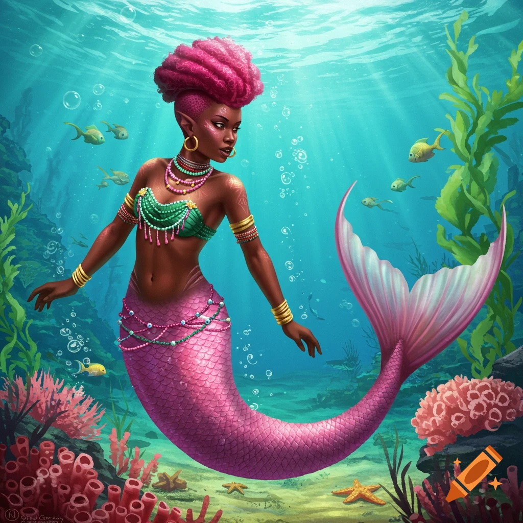 An African mermaid with a pink pompadour and green beaded top swims in a vibrant underwater scene with coral and fish.