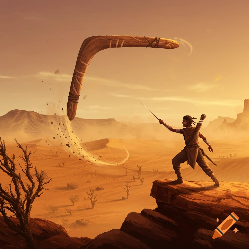 A person in a desert landscape watches as a giant boomerang impacts the sandy ground, kicking up dust, in a fantasy art style.