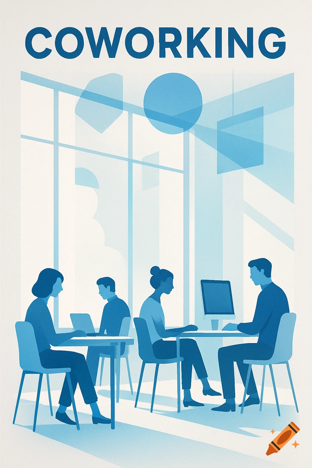 Minimalist illustration of a coworking space with people working at desks, rendered in blue and white tones.
