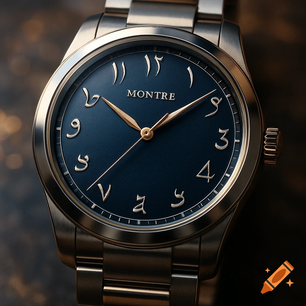 A close-up of a luxurious gold and silver watch with a dark blue dial featuring gold Arabic numerals and the word MONTRE.