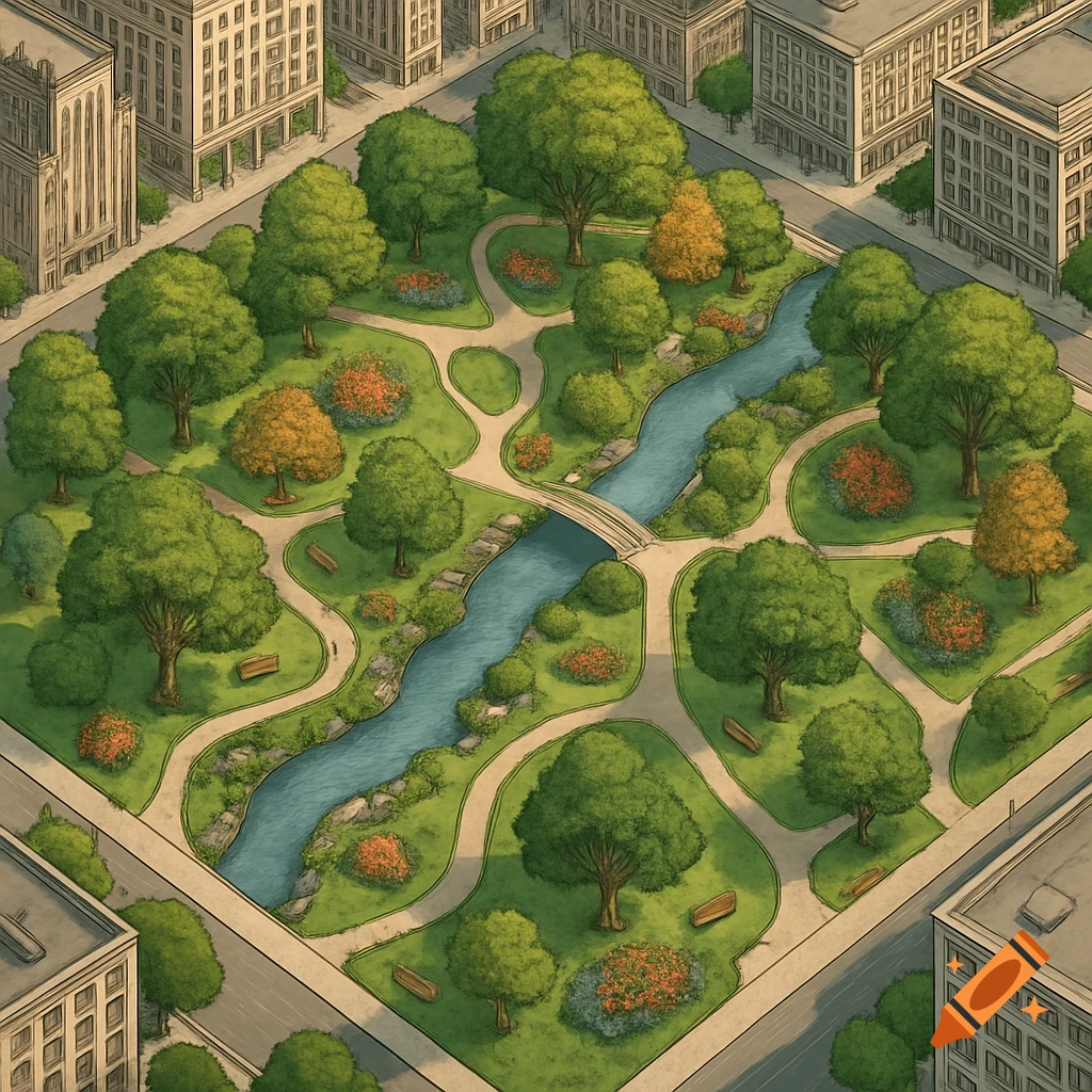 Isometric aerial view of a vibrant city park with a winding river, walking paths, benches, trees, and flower beds, surrounded by buildings.