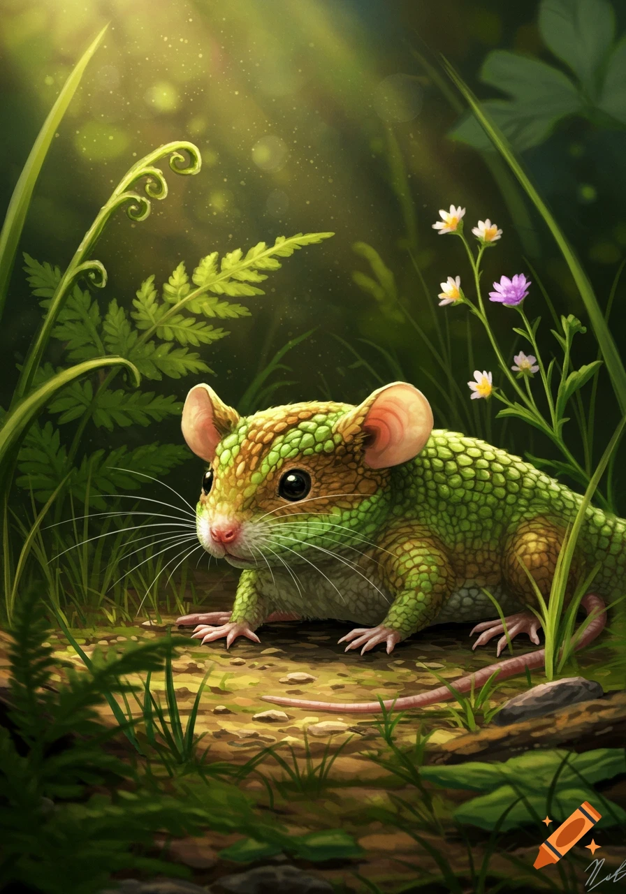 A mouse-like creature with green and brown scales sits in a lush, sunlit forest, surrounded by ferns and small flowers.