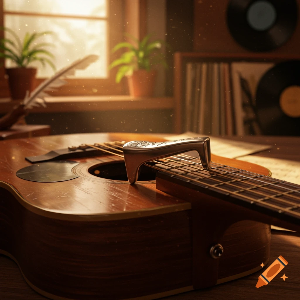 Photorealistic close-up of a wooden acoustic guitar with a capo on its neck, in a sunlit room with plants and vinyl records.
