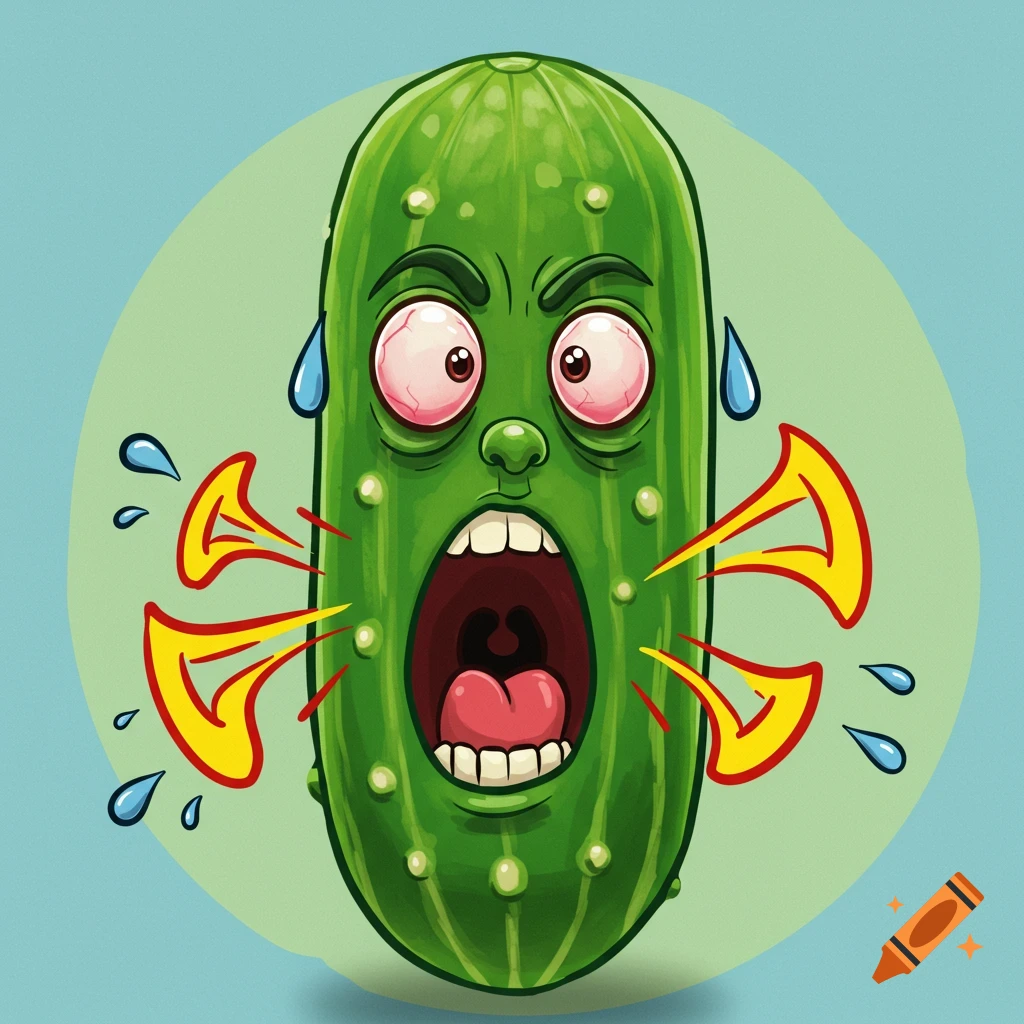 A cartoon illustration of a screaming pickle with red eyes, sweating, and sound waves emanating from its mouth.