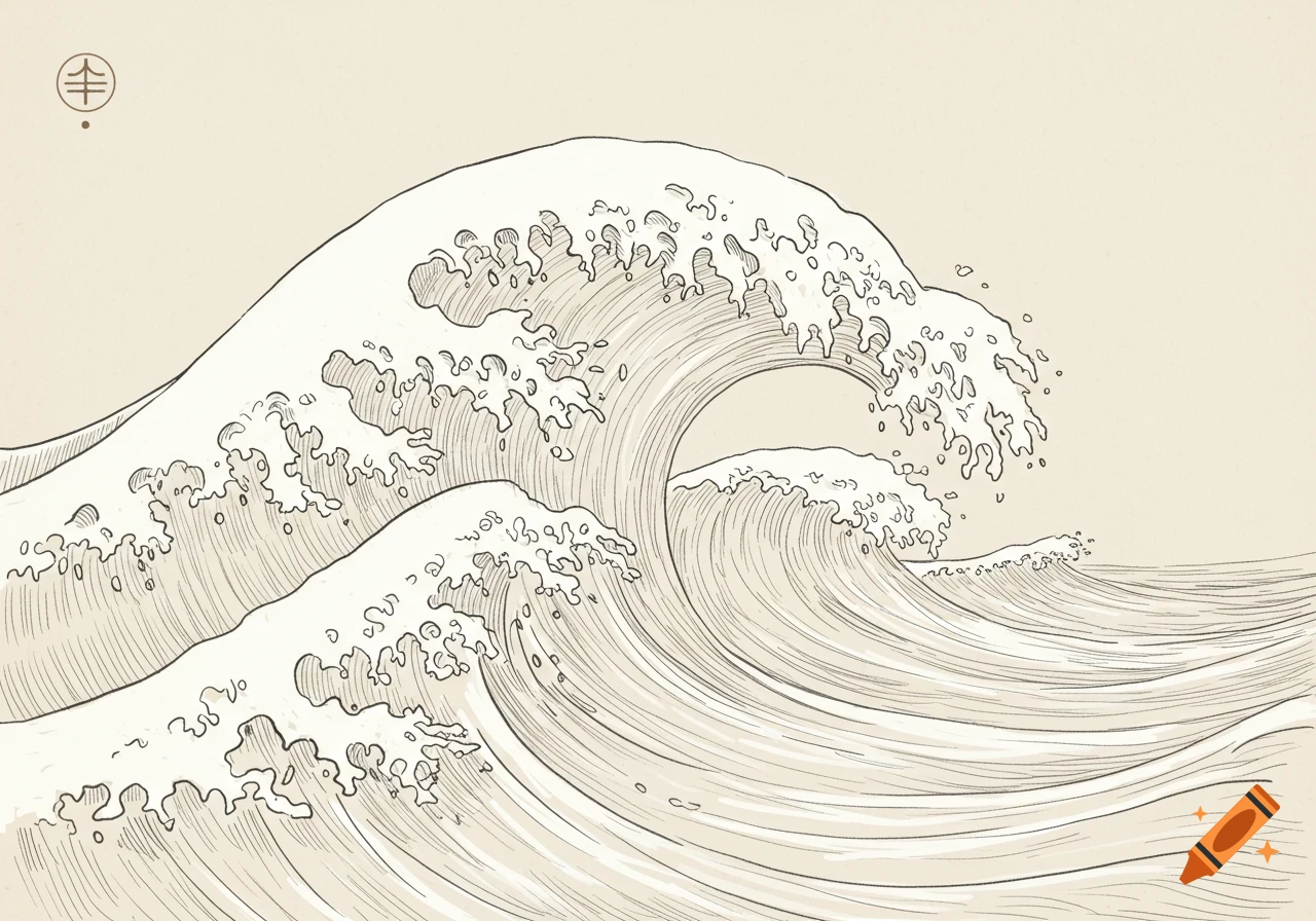 A detailed sketch in the style of Japanese art depicts large ocean waves with white foamy crests on a light tan background.