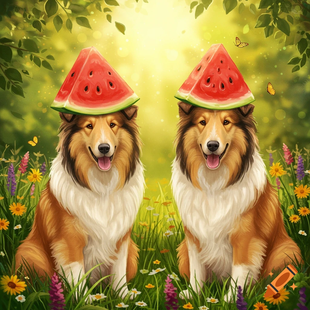 Two happy collie dogs wearing watermelon slice hats sit in a sunny field of colorful wildflowers.