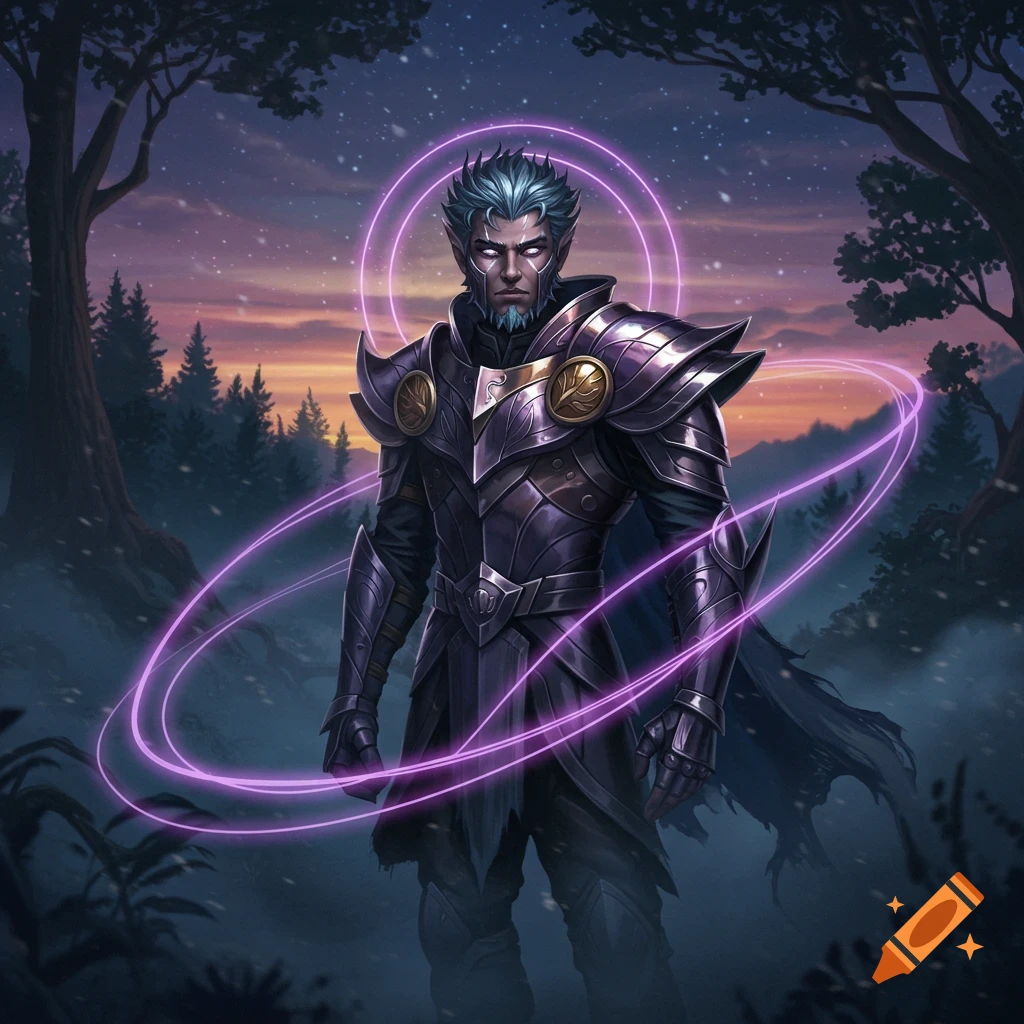 A fantasy character in ornate purple armor with glowing energy rings stands in a snowy forest at dusk.