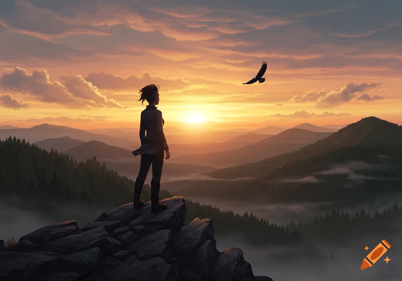 A person stands on a mountain peak admiring a vibrant sunset over a forested mountain range, with an eagle flying by.
