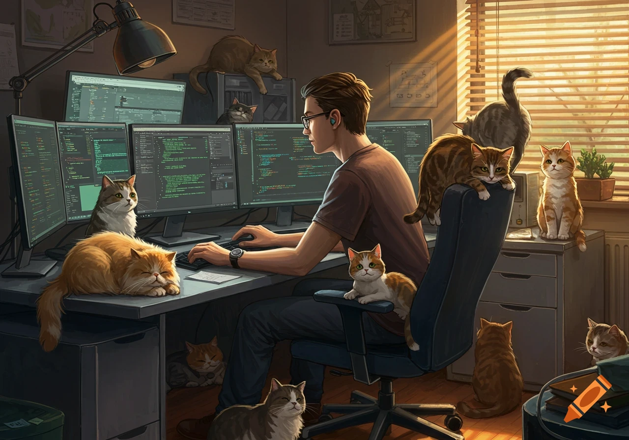 A man in glasses works on multiple computer monitors at a desk, surrounded by many cats, in a sunlit room.