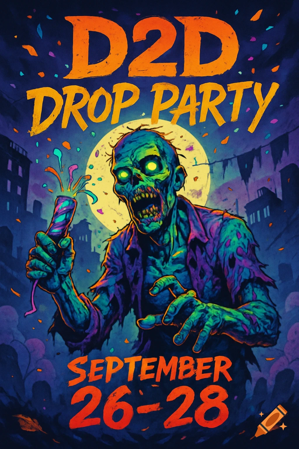 Vibrant, stylized poster of a neon-green zombie holding a firecracker, with 'D2D Drop Party September 26-28' text.