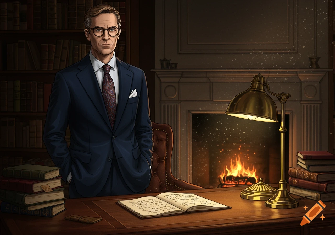 Illustrated portrait of a man in a suit standing behind a desk in a cozy study with a fireplace and bookshelves.