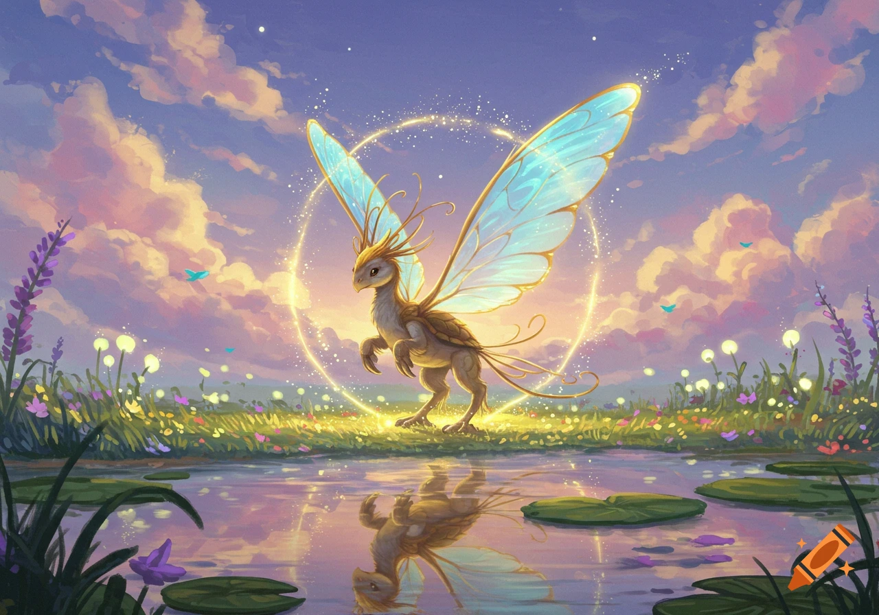 A majestic winged fantasy creature with glowing butterfly wings stands over a reflective pond in a field of flowers under a pastel sunset sky.