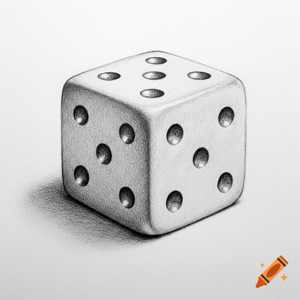 A detailed pencil drawing of a single die, showing faces with one, three, and five pips, on a white background.