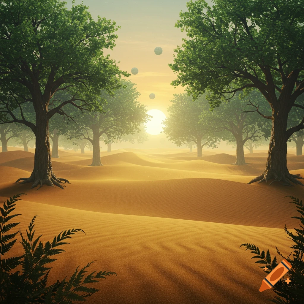 Surreal desert landscape with green trees, sand dunes, a bright sun, and floating spheres in the sky.