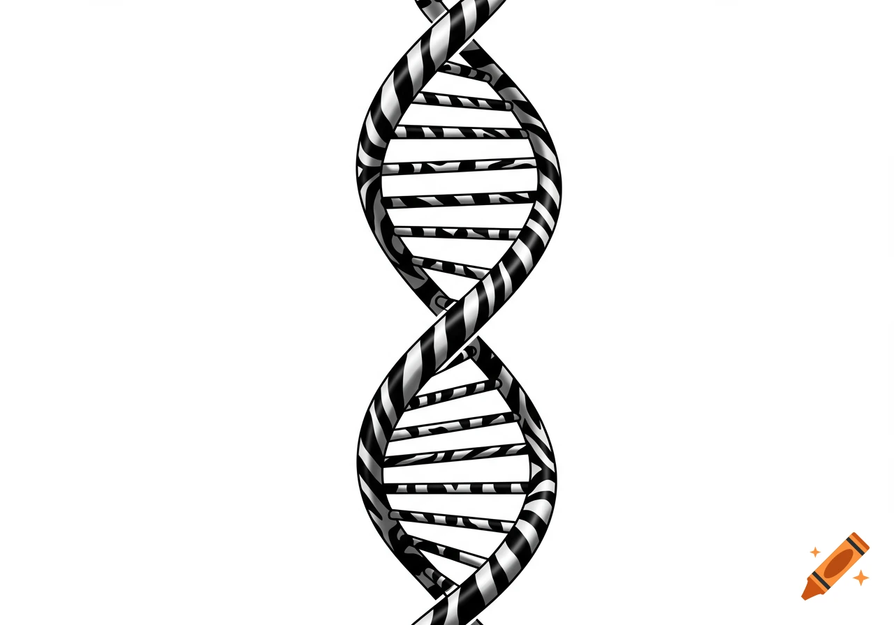 Stylized black and white zebra-striped DNA double helix on a white background.