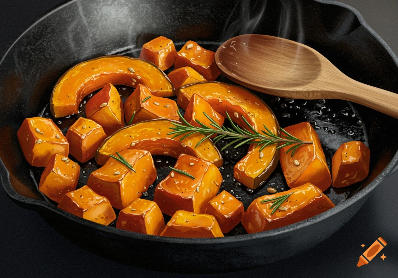 Roasted pumpkin pieces with rosemary and a wooden spoon in a cast iron pan, photorealistic style.