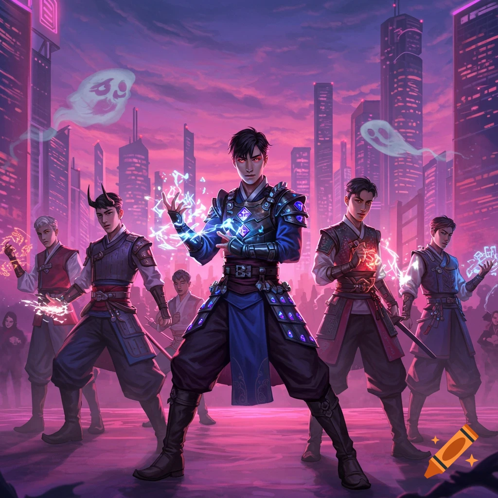 A vibrant digital illustration of a group of K-Pop-inspired demon hunters with glowing magic, posing in a neon-lit futuristic city.