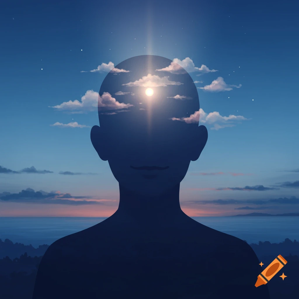 A silhouette of a person's head against a twilight landscape, with a bright sun, clouds, and blue sky inside the head.