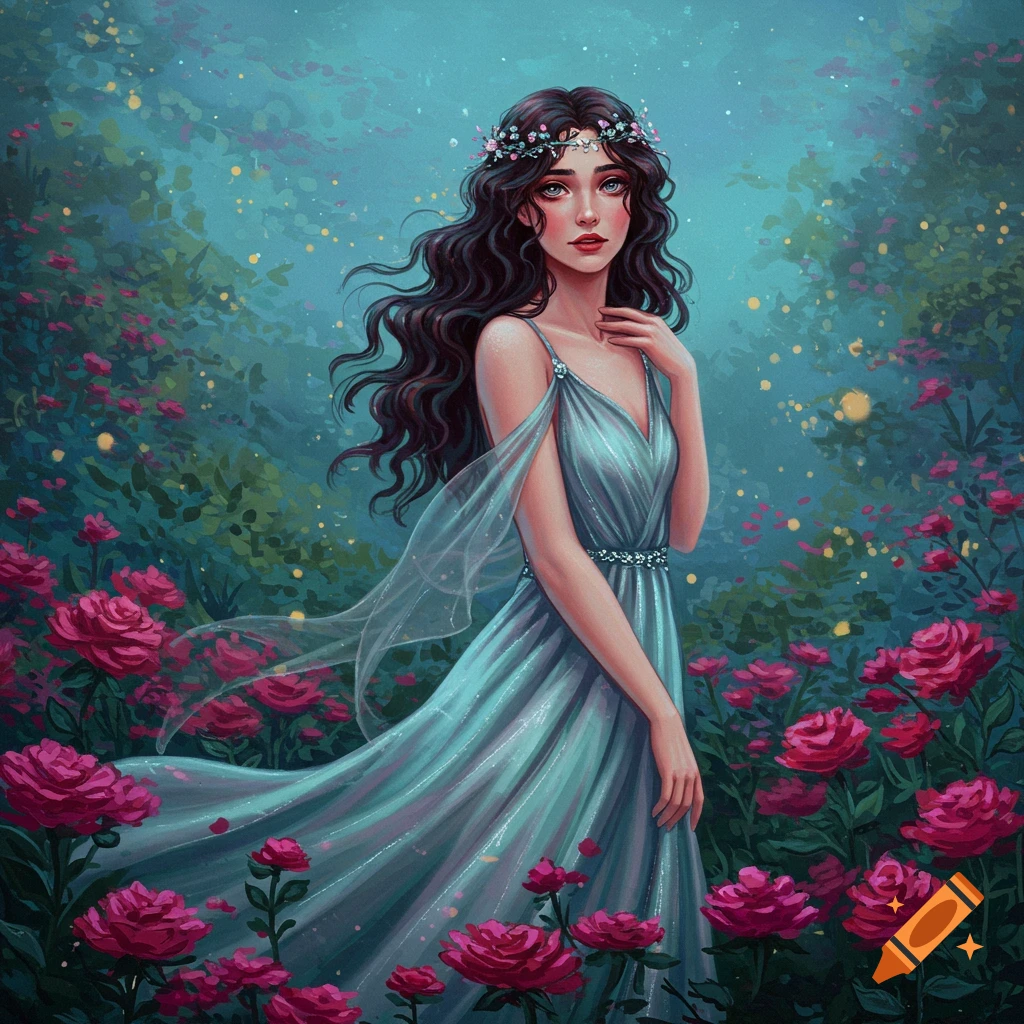 Ethereal digital painting of a woman with dark hair and floral crown in an enchanted garden of pink roses and glowing lights.