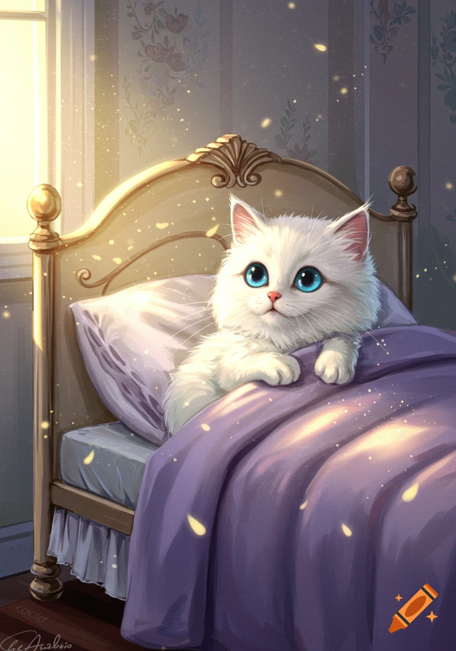 Whimsical digital painting of a fluffy white cat with big blue eyes peeking from a purple bed, bathed in soft golden light.