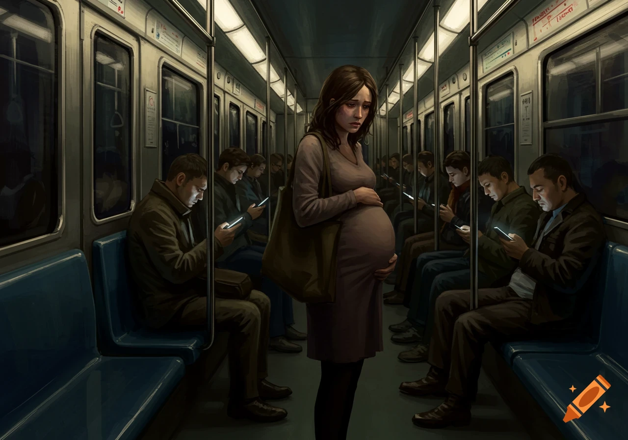 A pregnant woman stands ignored on a crowded, dimly lit subway while men seated around her are engrossed in their cellphones.