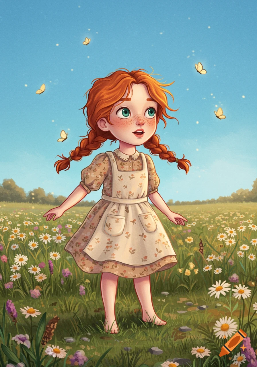 A cartoon red-haired girl with pigtails and freckles stands barefoot in a sunny flower field, looking up at butterflies.