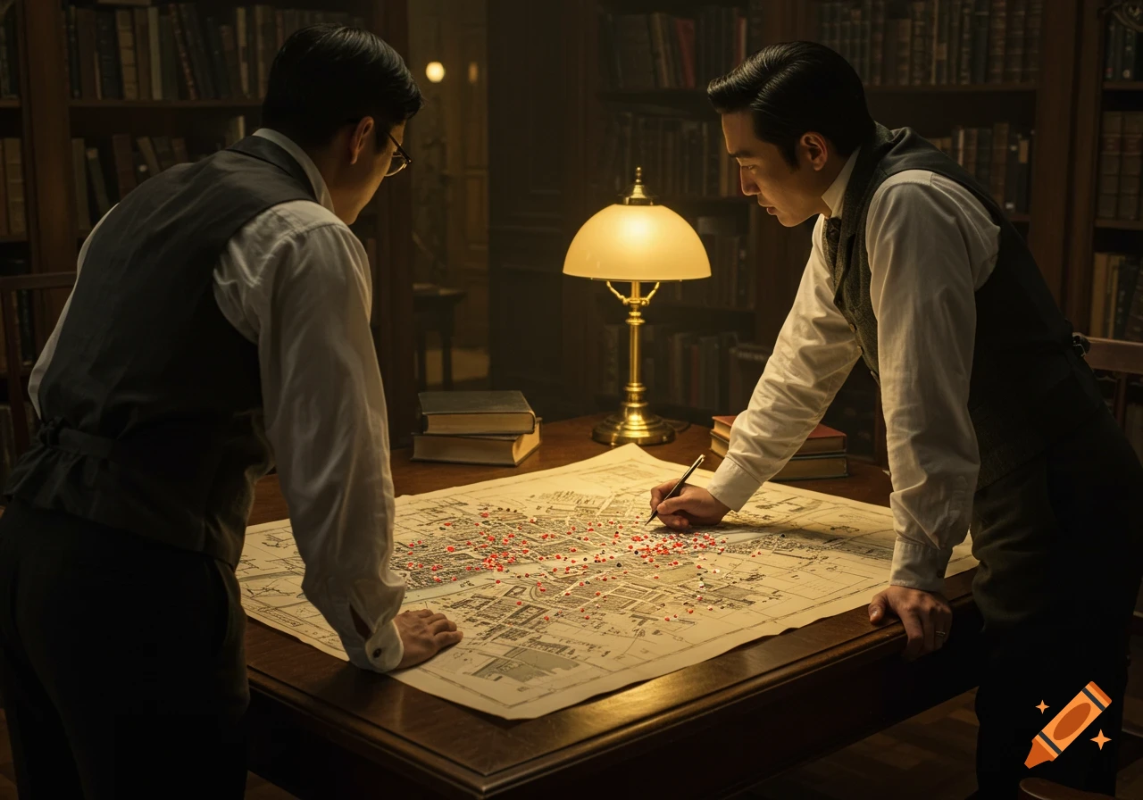 Two men in vests and shirts lean over a large map on a wooden table in a dimly lit library, one pointing at dots on the map.