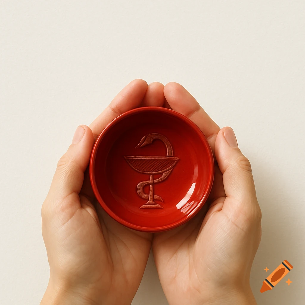 Two hands gently cup a shiny red bowl displaying the serpent and chalice pharmacy symbol, shot from above.
