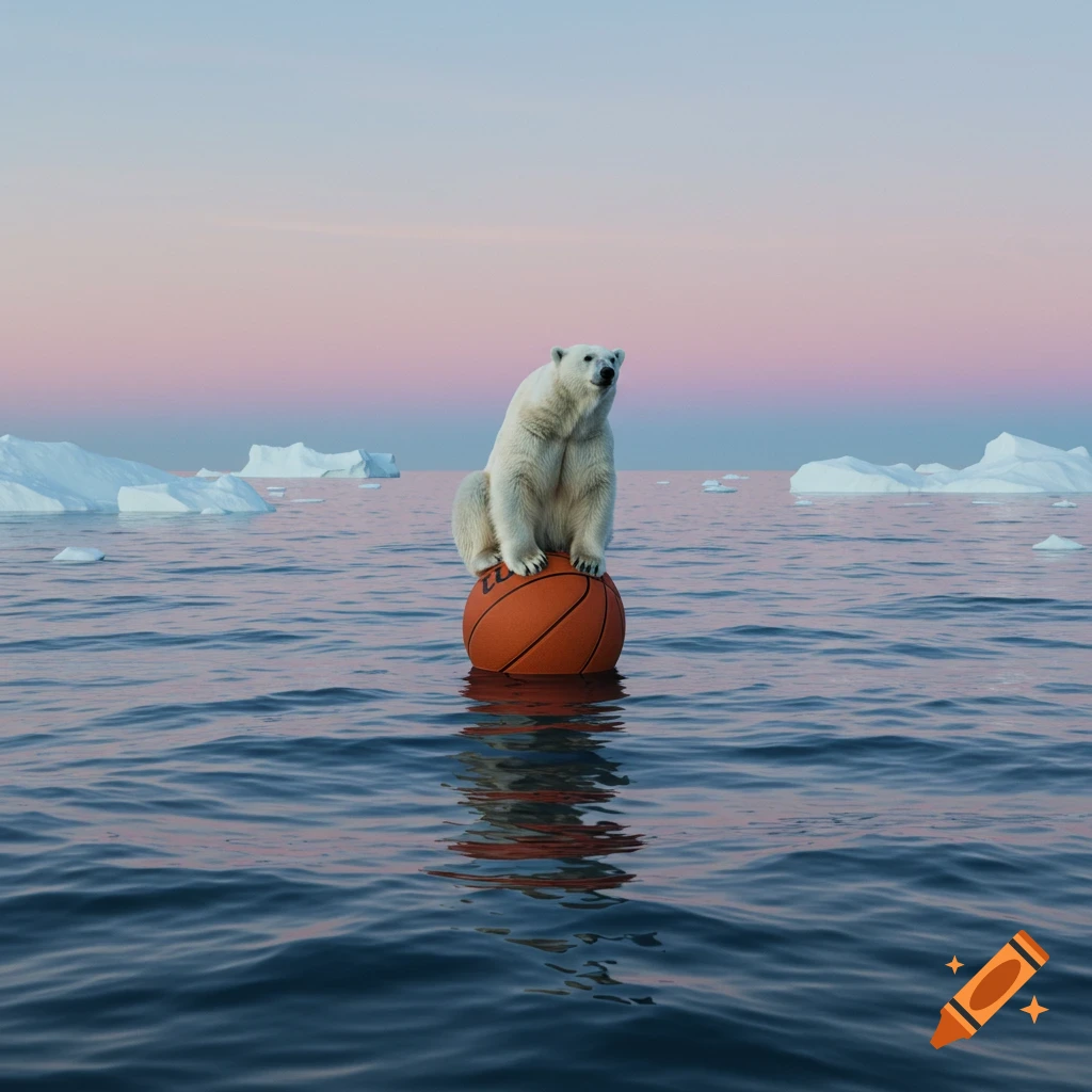 A polar bear sits on a basketball floating in a calm ocean under a pink and blue sunset sky, with distant icebergs.